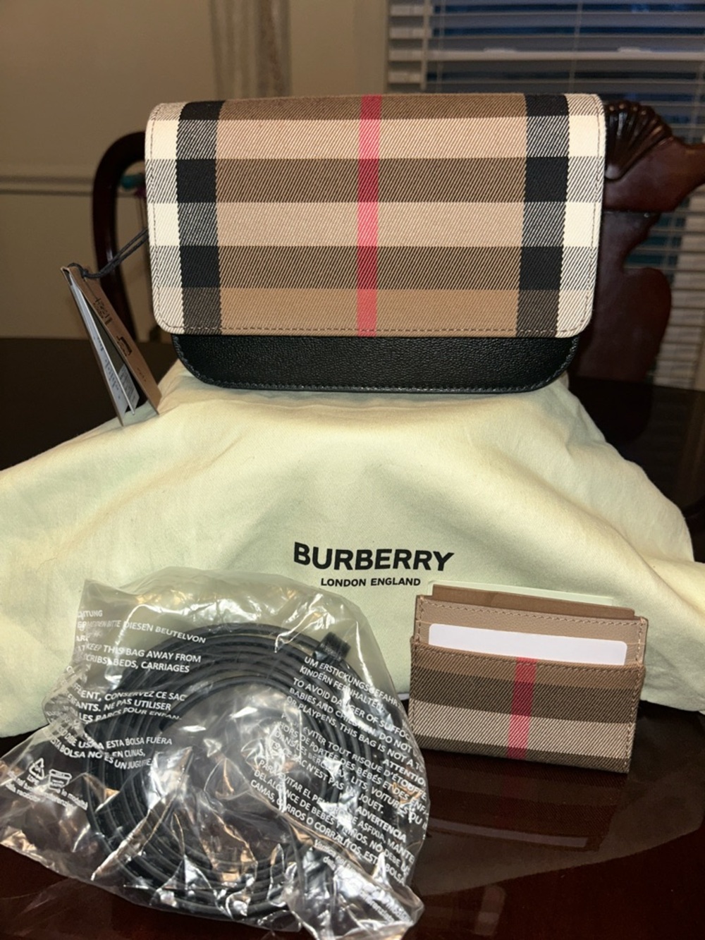 Burberry Check Canvas Crossbody in Beige, Black & Red